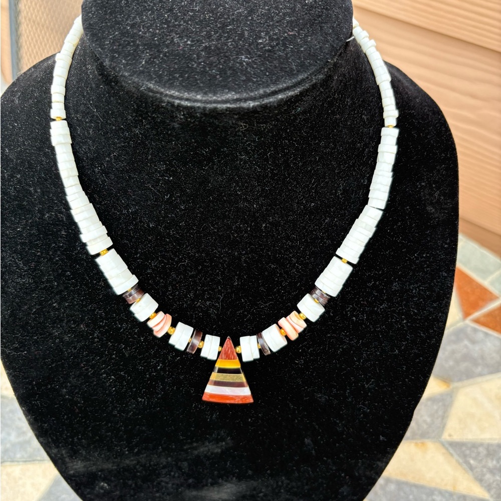 African style graduated sea shell beads mix in white, brown, pink necklace